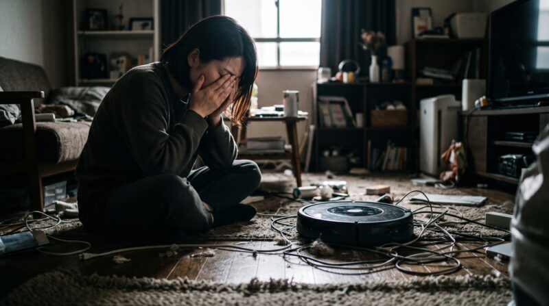 コードが絡まったXiaomiロボット掃除機６を前に床で泣き崩れる日本人女性の絶望的な様子