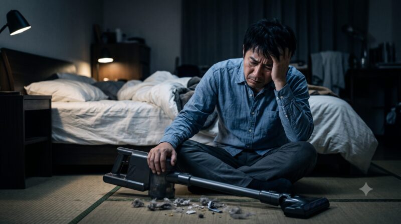 コードレスふとんクリーナーのデメリットに直面し、暗い寝室で頭を抱えて後悔している男性。
