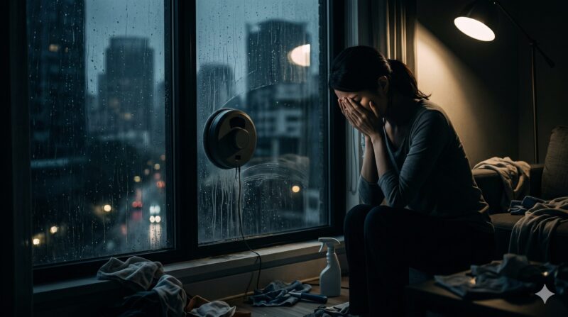 雨の夜、窓に張り付いた窓拭きロボットの横で、両手で顔を覆い落胆する女性の姿。