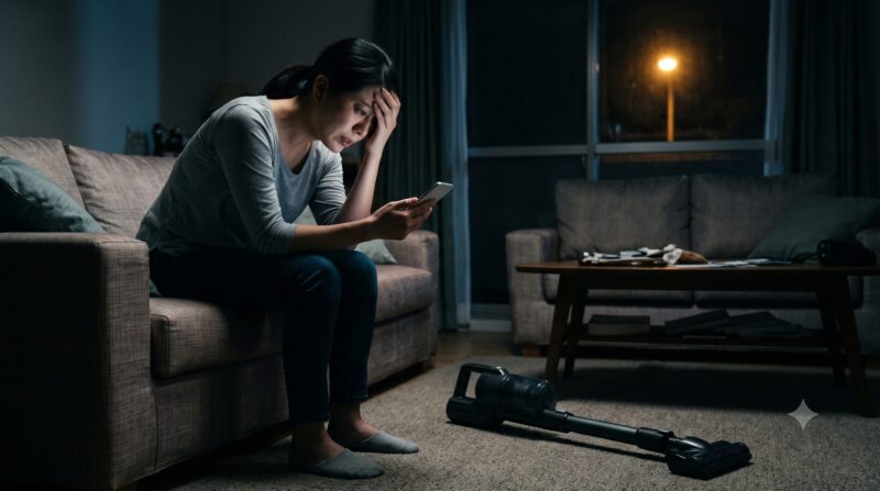 夜、スマホでコードレス掃除機の評判を調べ、悪い口コミに絶望して頭を抱える女性の様子。