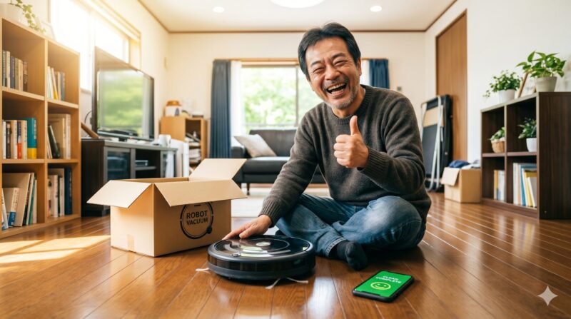 新しいロボット掃除機の設定を終え、自宅リビングで笑顔で親指を立てる日本人男性。