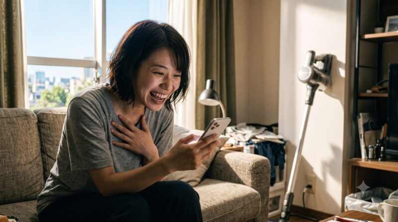 日当たりの良いリビングルームのソファーで、スマートフォンを笑顔で見ている女性。