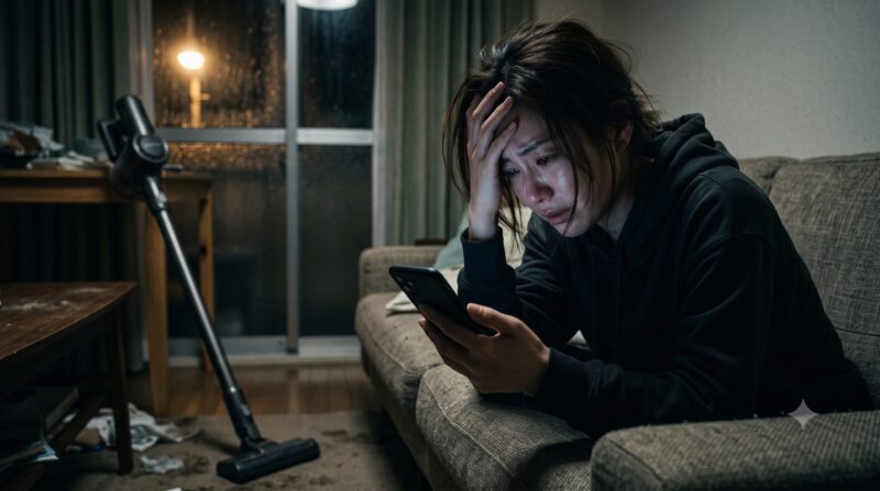 スマホでコードレス掃除機の口コミや評判を調べて絶望し頭を抱える女性の様子