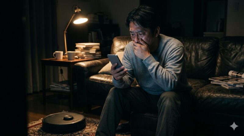 薄暗い部屋でスマホを見ながら、深刻な表情で絶望している男性。床にロボット掃除機。
