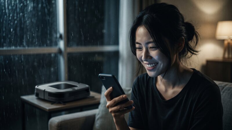 窓拭きロボット掃除機W2S PRO OMNIの満足な口コミをスマホで見て笑顔になる女性