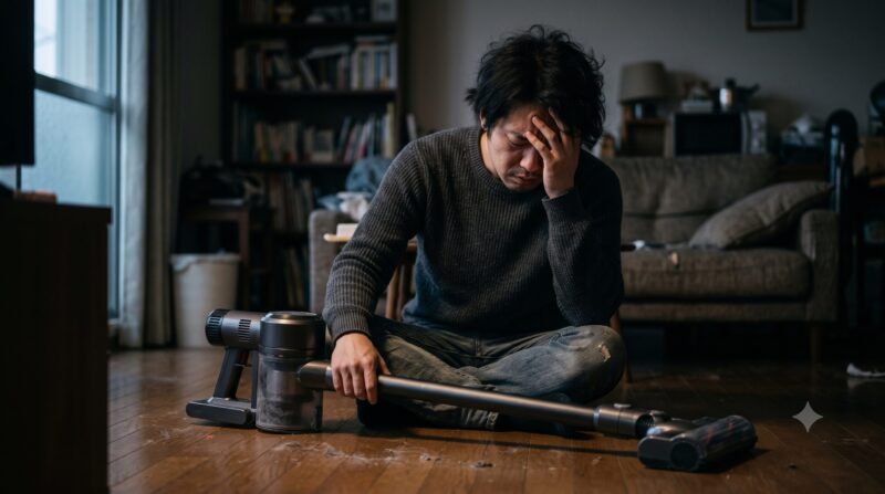 コードレス掃除機のデメリットや購入後の後悔に悩み、暗い部屋で頭を抱えて絶望している男性の様子