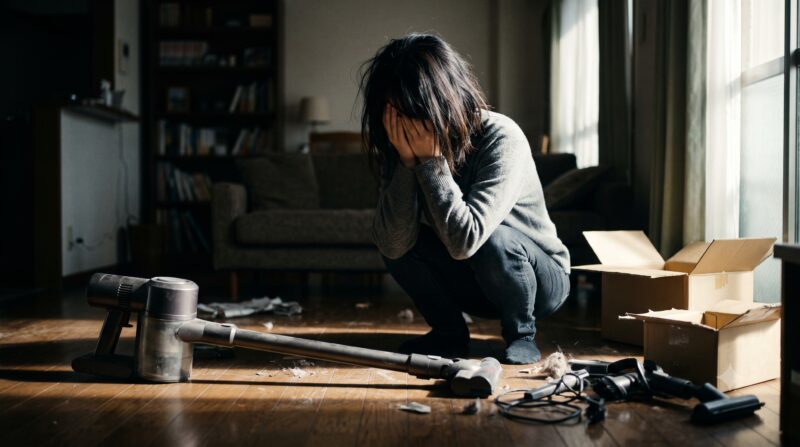 掃除機の購入に失敗して後悔し、散らかった床で頭を抱えてうずくまる女性のイメージ画像。
