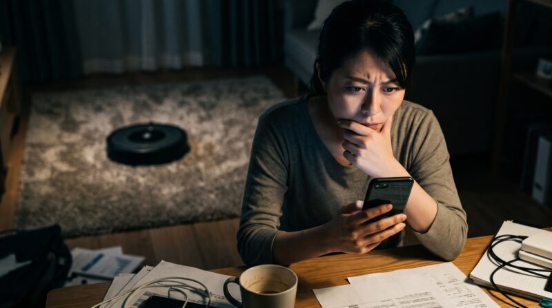 L10s Ultra Gen3の口コミや評判をスマホで調べて深刻な表情を浮かべる日本人女性の様子