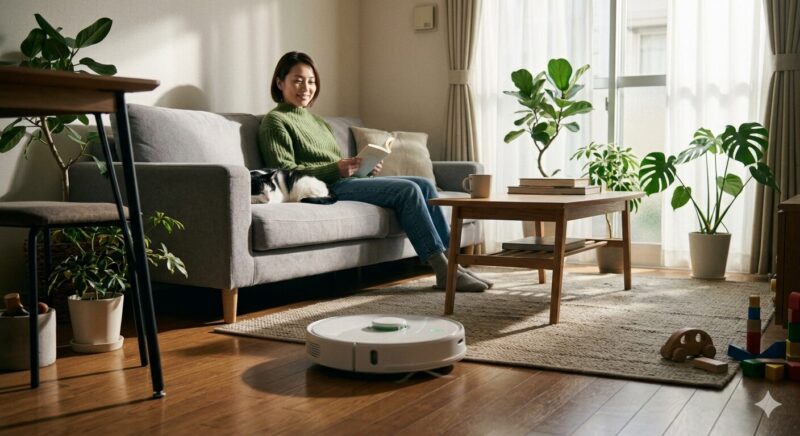 部屋にロボット掃除機があるイメージ