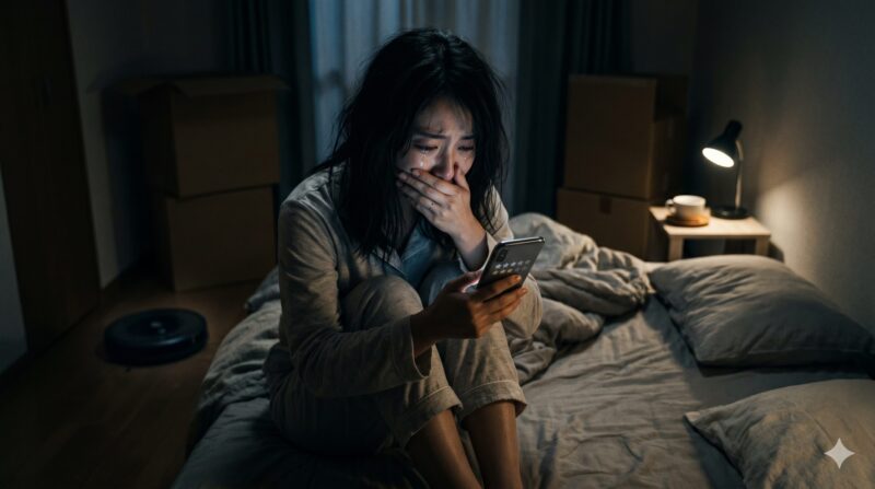 寝室のベッドでスマートフォンを見ながら、ショックと絶望で涙を流す女性