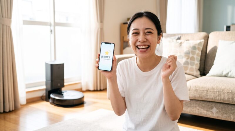 リビングでロボット掃除機の掃除完了通知をスマホアプリで確認し、笑顔でガッツポーズする女性