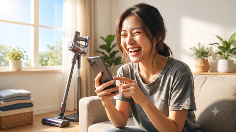 明るいリビングでスマホを見て大笑いする女性と背景のコードレス掃除機