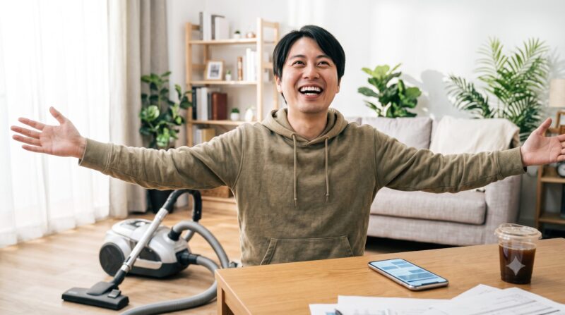 明るいリビングで掃除機とスマートフォンを前に、両手を広げて笑顔で喜ぶ日本人男性
