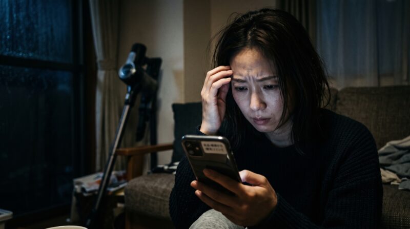 スマホでV8 Cyclone（SV55 FF BK2）の口コミや評判を調べて不安な表情を浮かべる女性