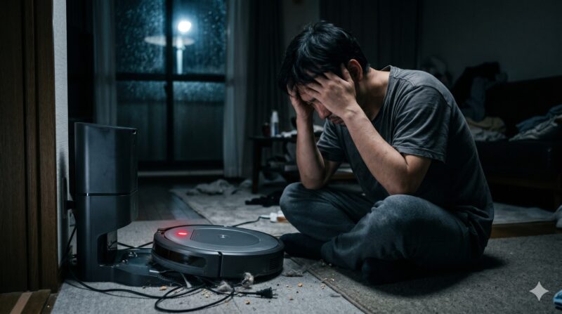 夜の和室で、散らかったゴミとロボット掃除機を前に絶望し、頭を抱える男性