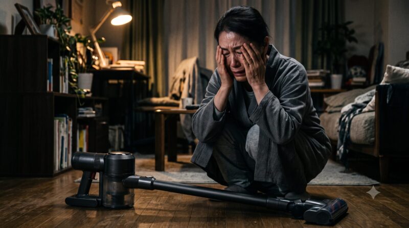 薄暗い部屋で床に倒れたコードレス掃除機を前に顔を覆って絶望している女性の様子。