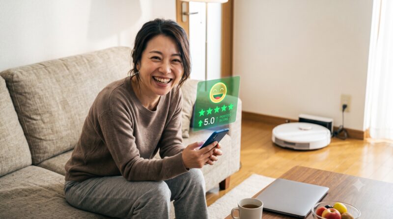 スマートフォンでARの満点評価（5.0）を見て満面の笑みを浮かべる女性。