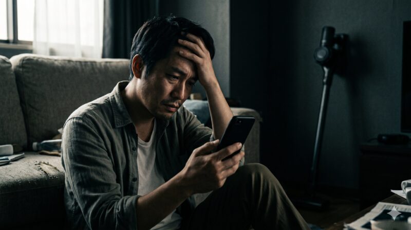 コードレス掃除機の口コミを見て、スマホを手に頭を抱え悩む日本人男性の画像。