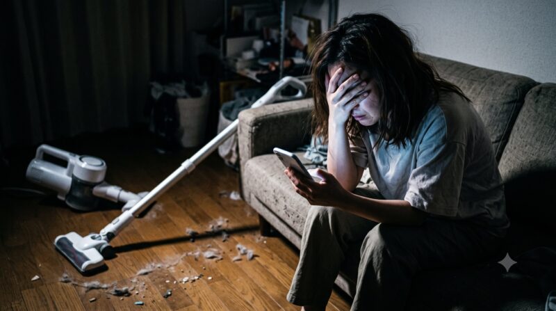 散乱した部屋で、スマホ the 手にコードレス掃除機の悪い口コミに絶望する女性