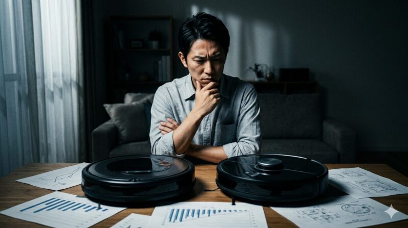 二台のロボット掃除機を前に、エコバックス「T90」と「T90 PRO」の違いに悩む男性