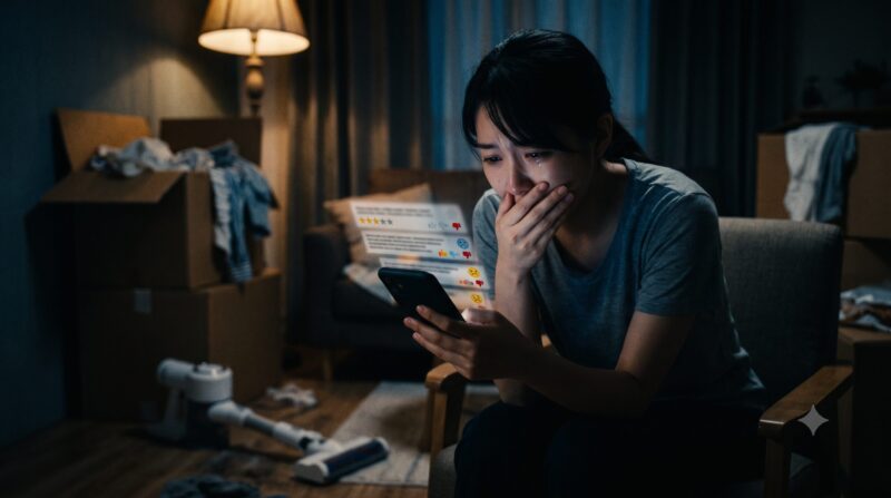 暗い部屋でスマートフォンに表示された悪い口コミを見て泣いている女性。背景には引っ越し段ボールと掃除機。