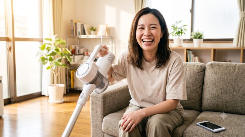 明るいリビングでコードレス掃除機を持って満面の笑みを浮かべる女性