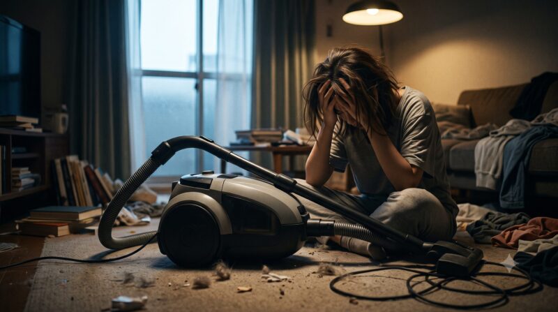 キャニスター掃除機の使い勝手やデメリットに悩み、散らかった部屋で頭を抱えて後悔している女性のイメージ画像。