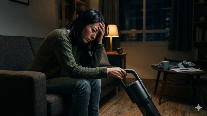 薄暗い部屋で充電式サイクロン掃除機を前に頭を抱え、デメリットや購入を後悔して悩む女性。