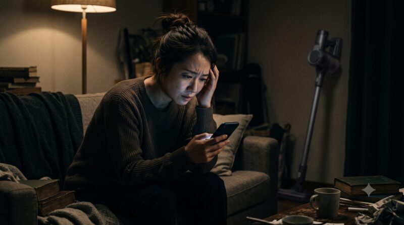 薄暗い部屋でスマホを使ってコードレス掃除機の口コミやよくある質問を調べ、深刻な表情で悩んでいる女性の様子。