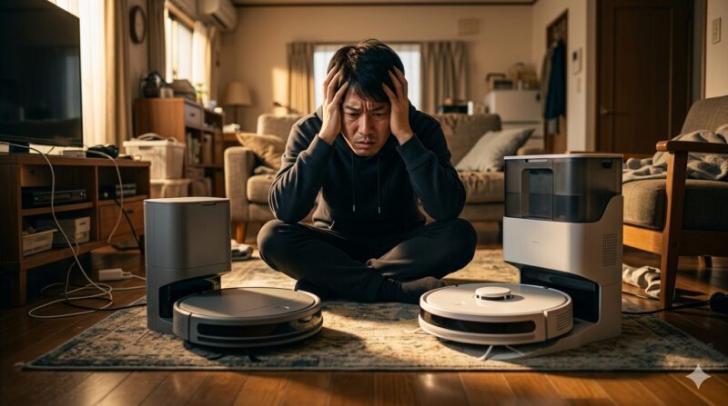 2台のロボット掃除機を前にどちらを選ぶか頭を抱えて悩む男性（ルンバ Plus405 Combo vs Plus505 Comboの比較レビュー用イメージ）