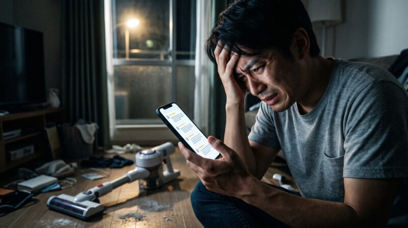 コードレス掃除機の口コミや評判をスマートフォンで調べ、後悔と絶望の表情を浮かべて頭を抱える男性