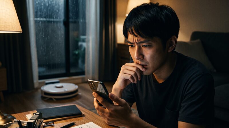 WINBOT MINI2の口コミや評判をスマートフォンで調べて不安になっている男性。