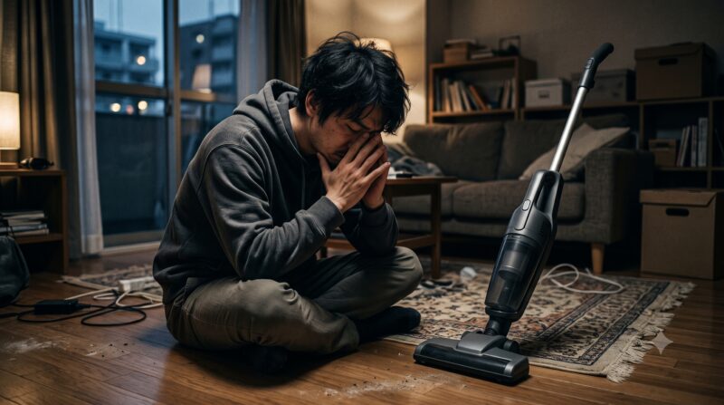 スティック型掃除機を前に頭を抱えて購入を後悔している男性の様子。
