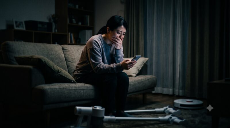コードレス掃除機の比較検討で悩んでしまい、スマホで口コミを見ながら後悔している女性。