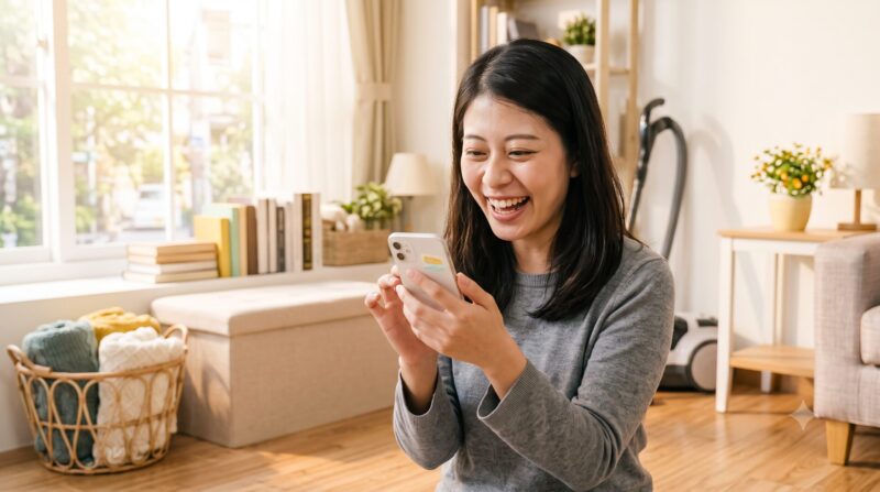 自然光が差し込む明るいリビングルームで、スマートフォンを操作しながら満面の笑みを浮かべる日本人女性。