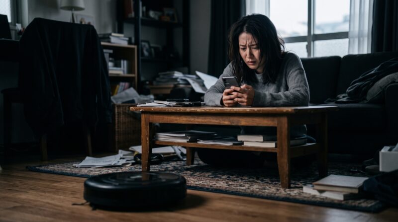 ロボロックとエコバックスの評判をスマホで比較し、機能や価格の違いに深刻に悩む日本人女性の画像