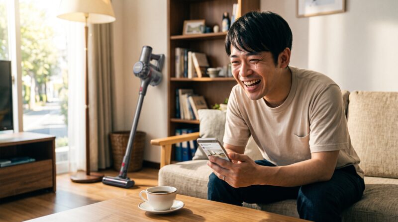 リビングルームでコードレス掃除機を背に、ソファでスマートフォンを見ながら爆笑する男性。