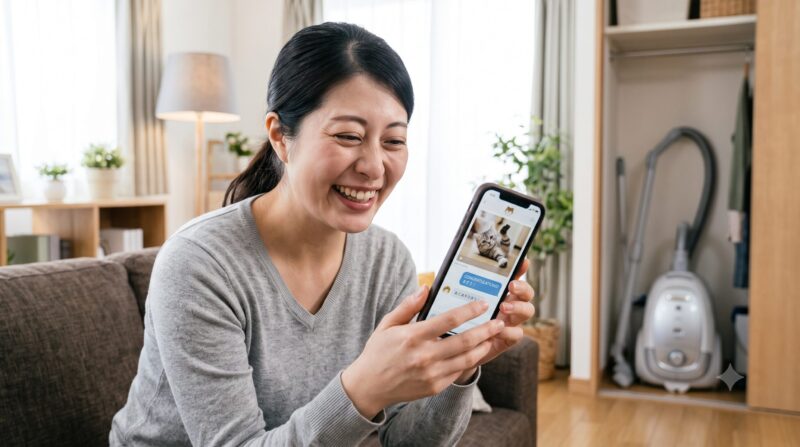 リビングでスマホの猫画像を見て笑う日本人女性。