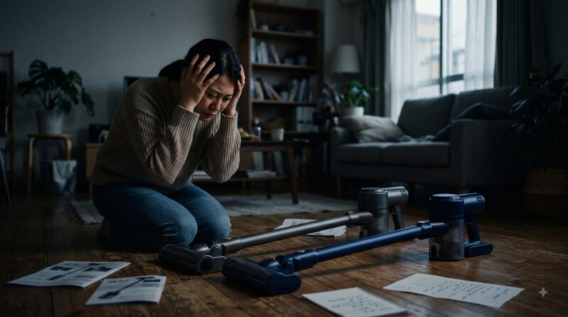2台のコードレス掃除機を床に並べて比較し、どちらを選ぶべきか頭を抱えて悩む女性。