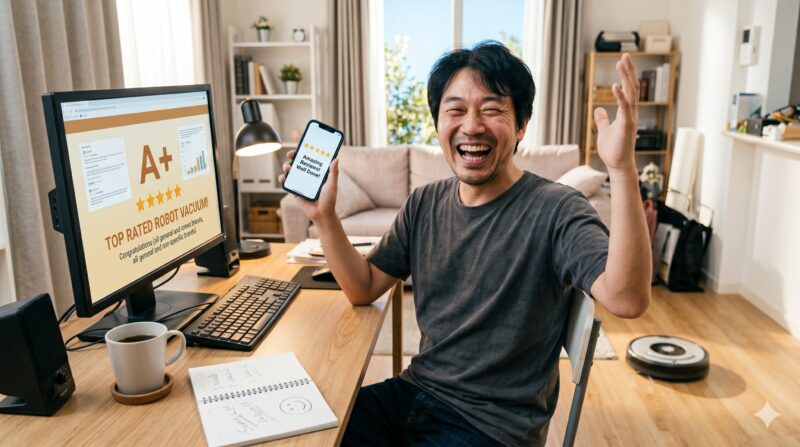 パソコンとスマホでロボット掃除機の高評価な口コミや評判を見つけて満面の笑みで喜ぶ男性