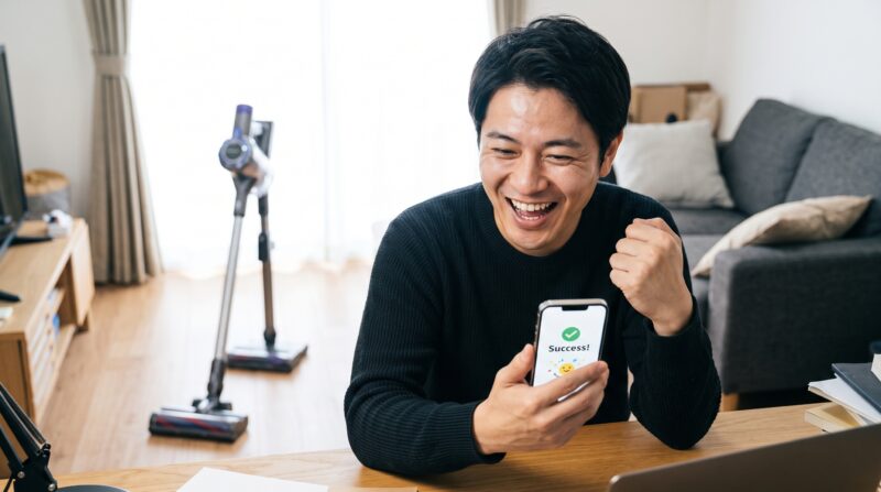 明るいリビングルームで、スマートフォンに表示された「Success!」という成功画面を見て満面の笑みを浮かべる日本人男性。背後にはコードレス掃除機が置かれている。