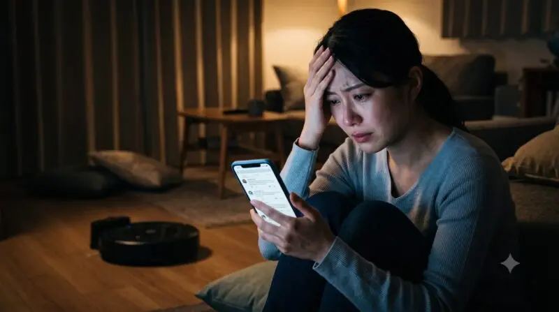 夜、暗いリビングルームで、スマートフォンを見ながら絶望し、泣いている女性。