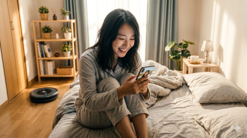ベッドの上で、パジャマ姿でスマートフォンを見つめ、満面の笑みでビデオ通話を楽しむ女性。