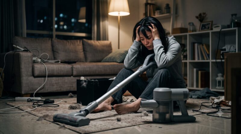 コードレス掃除機の購入を後悔し、散らかった部屋で頭を抱えて絶望している女性のイメージ