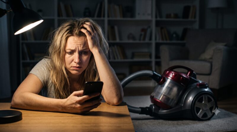 スマートフォンで掃除機の口コミ・評判を見て、頭を抱えて絶望する女性。