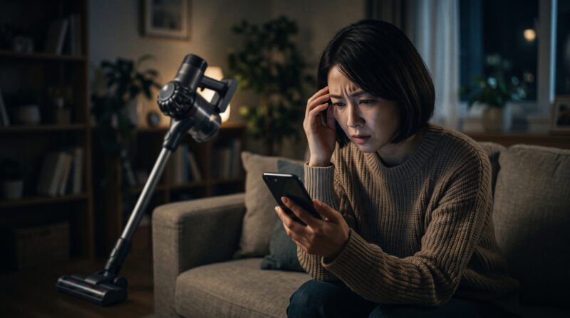 V10 Opticの口コミを検索し、不安な表情でスマホを見つめる日本人女性
