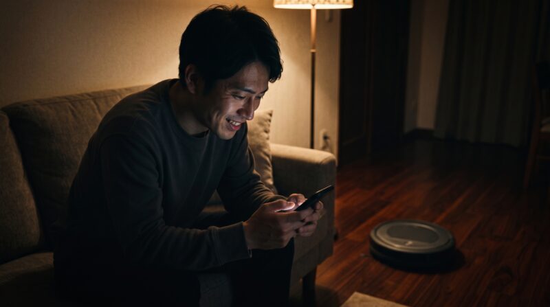L10s Ultra Gen2を実際に使った人の満足した口コミを見て笑顔になる日本人男性