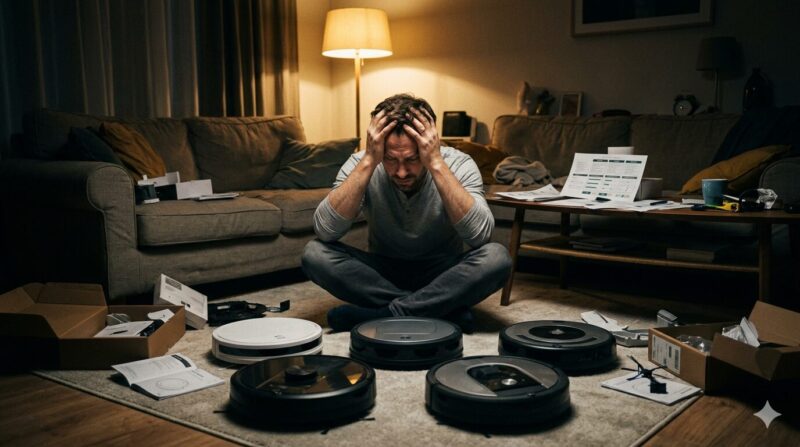 Eufyの複数のロボット掃除機を前に、おすすめ機種からどれを選ぶべきか頭を抱えて悩み絶望する男性。