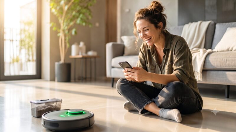 明るいリビングの床に座り、ロボット掃除機を動かしながらスマホを見て笑顔になっている女性。