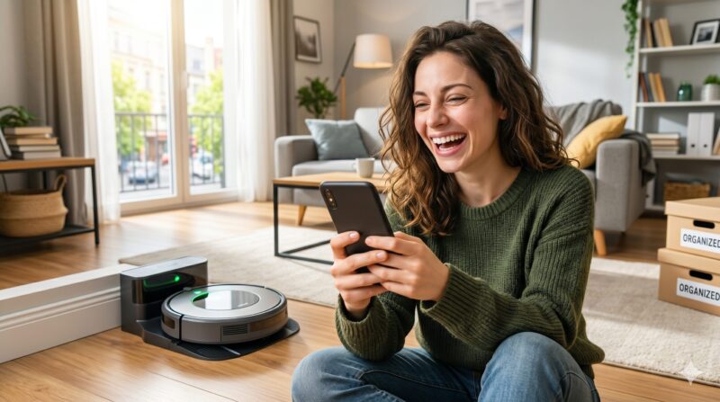 整理された明るいリビングルームで、充電中のロボット掃除機の横でスマートフォンを見ながら大笑いする女性。